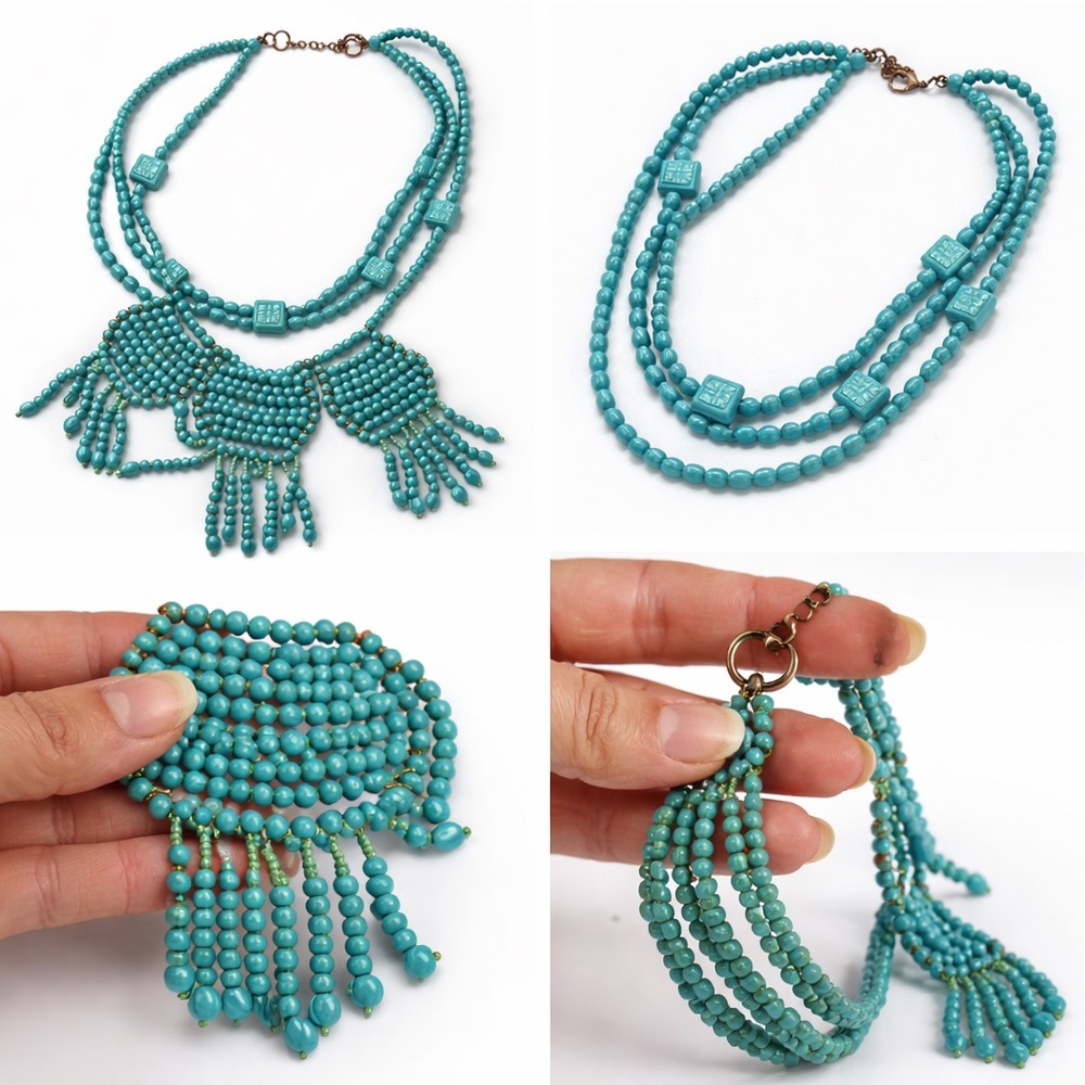 Turquoise Multi-Strand Beaded Fringe Necklace - Turquoise - Picture 2 of 2